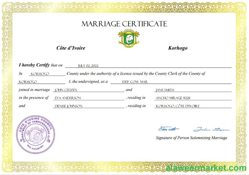 Cote d’Ivoire marriage certificate Word and PDF template